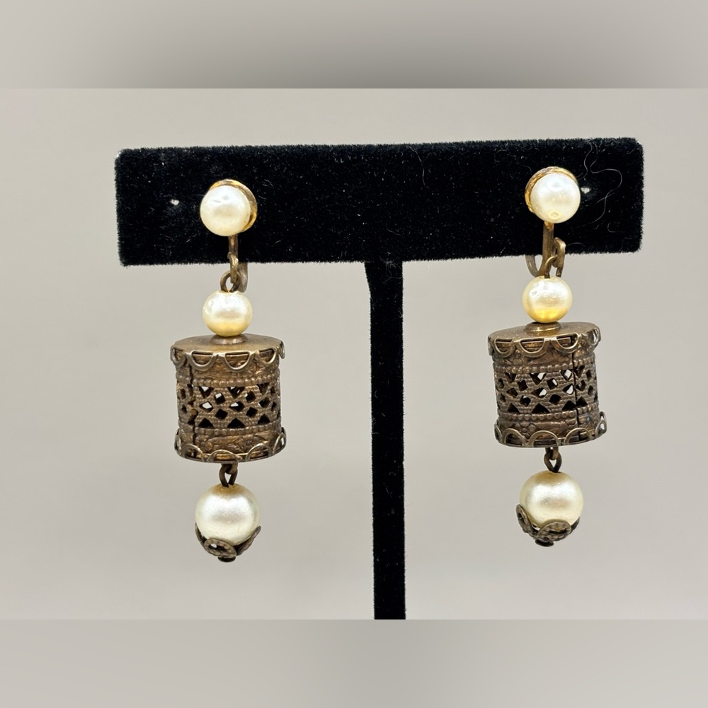 Vintage Filigree Metal Cage W/pearl Bead Drop Dangle Screw Back Earrings